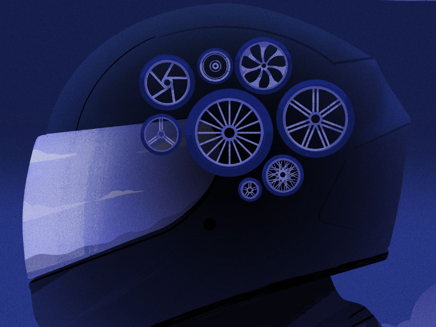 Graphic of a motorcycle helmet with wheels resembling cogs in the head area.